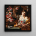 Una joven mujer tomando una flor de un jarrón - Abraham Brueghel — cuadro enmarcado en la pared