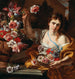 Una joven mujer tomando una flor de un jarrón - Abraham Brueghel — vista de la obra
