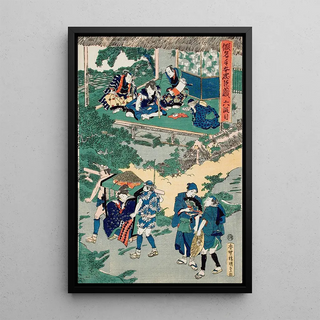 Utagawa Kunisada Toyokuni III - Act VI Kampei Signing the Roll of the FortySeven Rnin Okaru after Being Sold is Taken by Palanquin to Kyoto Brothel.webp