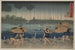 Personas Caminando bajo paraguas a lo largo de la costa durante una tormenta - Utagawa Kuniyoshi — vista de la obra