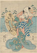 Escena de nieve Figura femenina con vestido fluido azul, verde y rosa - Utagawa Kuniyoshi — vista de la obra