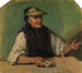 Vieja Schwarzwaldienne con una sombra de ojos y cartas en la mano derecha sentada detrás de una mesa - Johann Baptist Kirner — vista de la obra