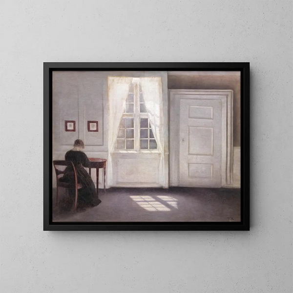 interior en Strandgade, luz del sol en el suelo - Vilhelm Hammershøi — cuadro enmarcado en la pared