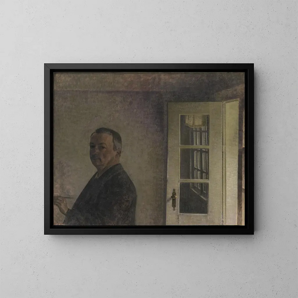 Autorretrato en la cabaña Spurveskjul en Sorgenfri, al norte de Copenhague - Vilhelm Hammershøi — cuadro enmarcado en la pared