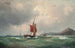 Bateaux de pesca en alta mar de una costa rocosa un barco de vapor a lo lejos - Vilhelm Melbye — vista de la obra