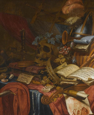 Vincent Laurensz van der Vinne I - A Vanitas Still Life With A Flute A Skull Music Sheets A Gold Crown A Dagger Shells And Other Objects All Arranged On A Partly Draped Table.webp