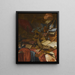 a vanitas still life with a flute, a skull, sheet music, a gold crown, a dagger, shells, and other objects, all arranged on a partially draped table. - Vincent Laurensz van der Vinne I. — framed artwork on a wall