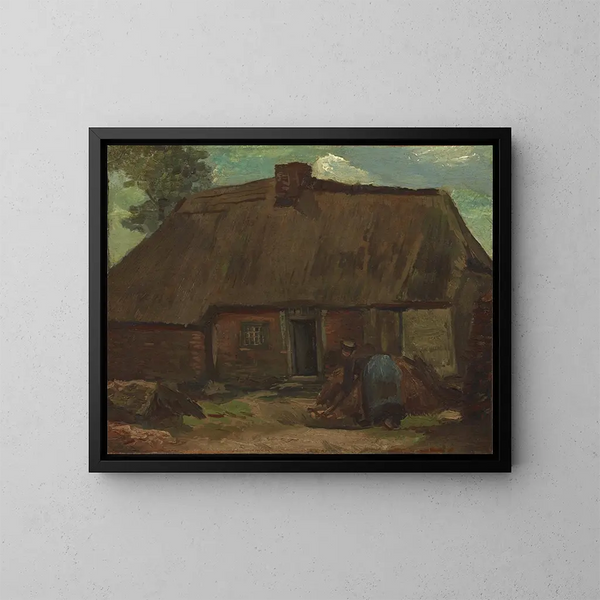 Cottage con mujer campesina cavando - Vincent van Gogh — cuadro enmarcado en la pared
