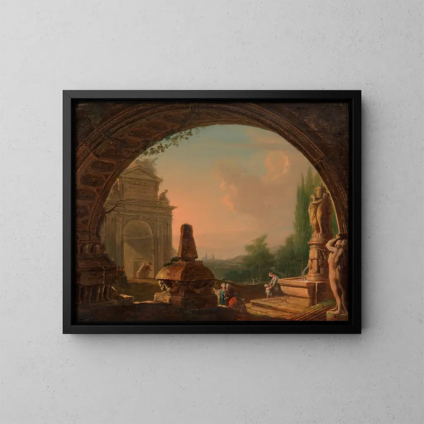 Oriental Fantasy Landscape Painting seen through an arcade - Vinzenz Fischer — framed artwork on a wall