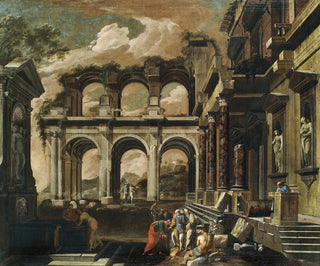 Viviano Codazzi - A Capriccio Of The Internal Courtyard Of A Ruined Palace With The Miracle Of Saint Paul.webp