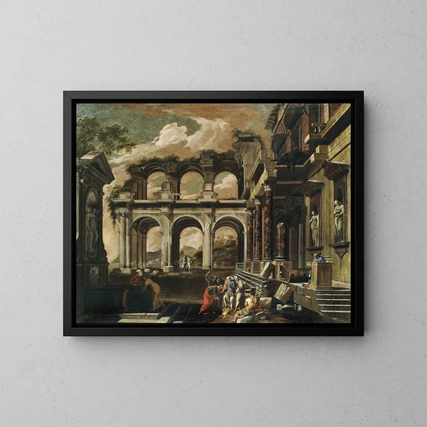 Un capricho del interior de un palacio en ruinas con el milagro de san Pablo - Viviano Codazzi — cuadro enmarcado en la pared