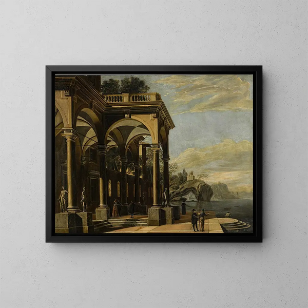 Un capricho arquitectónico con figuras bajo un pórtico con columnas, un castillo sobre un arco marino y un pueblo costero al fondo - Viviano Codazzi — cuadro enmarcado en la pared