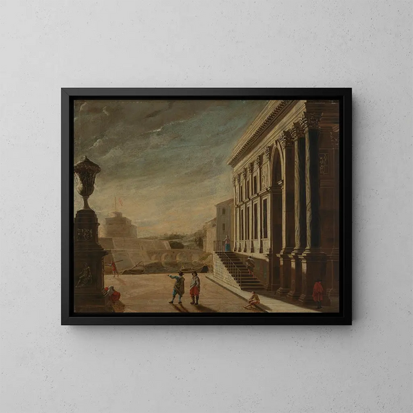 Vista fantasiosa romana con vista al castillo de Sant'Angelo - Viviano Codazzi — cuadro enmarcado en la pared