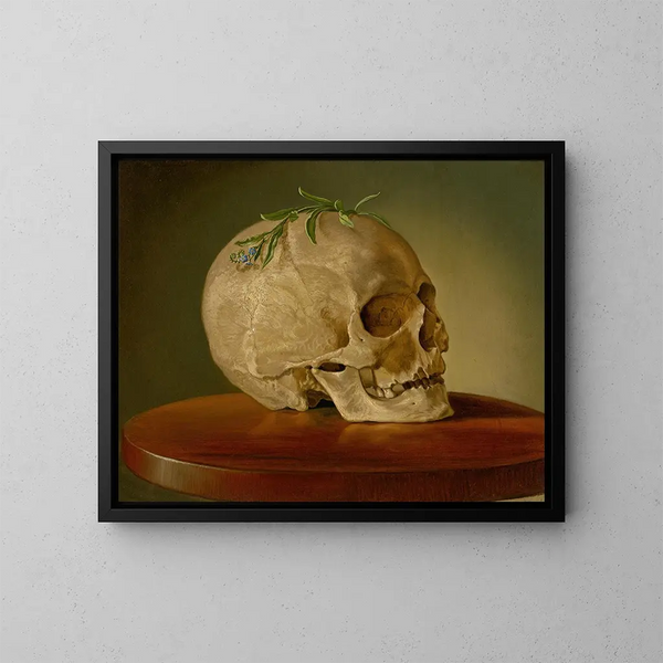naturaleza muerta con un cráneo y un forget-me-not - Vojtech Klimkovič — cuadro enmarcado en la pared