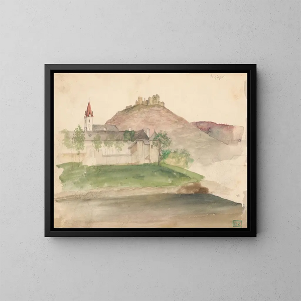 Vista de las ruinas del castillo en Szigliget - Vojtech Klimkovič — cuadro enmarcado en la pared