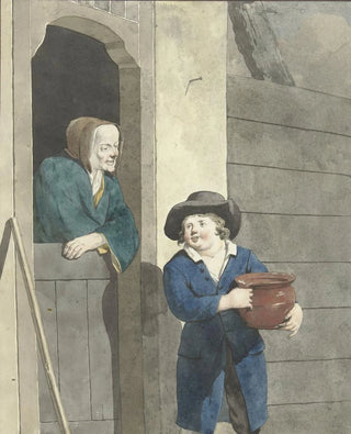 W Barthautz - Jongen met een pot bij een vrouw leunend op een onderdeur.webp
