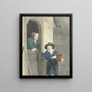 W Barthautz - Jongen met een pot bij een vrouw leunend op een onderdeur.webp