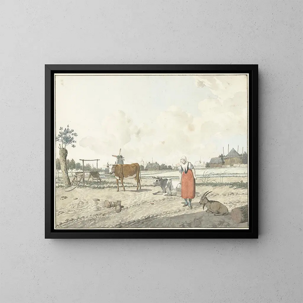 paisaje con campesina y ganado - W. Barthautz — cuadro enmarcado en la pared