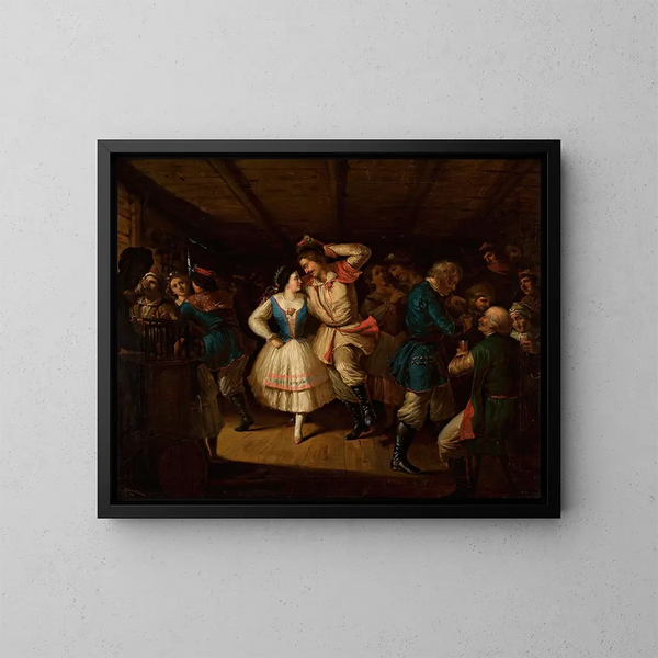 Danza folclórica de la región de Cracovia en una taberna - Władysław Bakałowicz — cuadro enmarcado en la pared