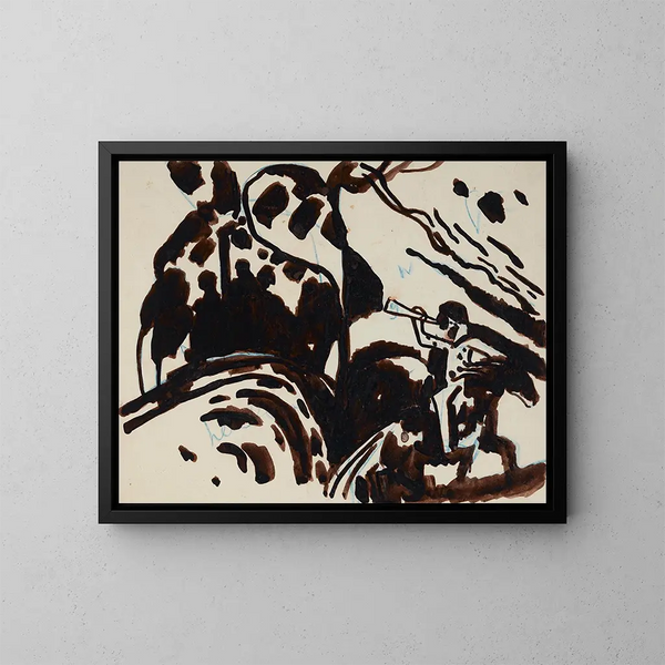 Landscape with a Rider Blowing a Trumpet - Wassily Kandinsky — framed artwork on a wall