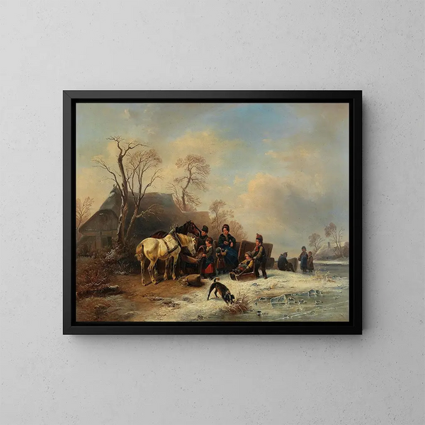 a winter scene with children and horses - Wilhelm Alexander Meyerheim — framed artwork on a wall