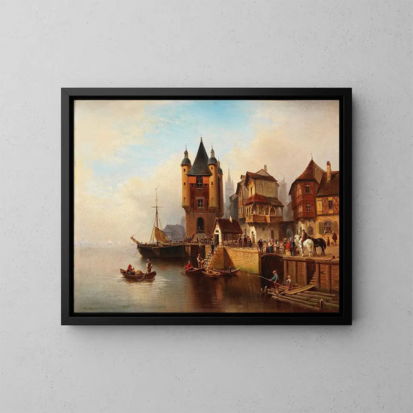 City by the Riverbank - Wilhelm Alexander Meyerheim — framed artwork on a wall