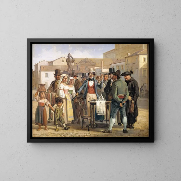 Un charlatan vendiendo cera en la piazza Barberini en Roma - Wilhelm Marstrand — cuadro enmarcado en la pared