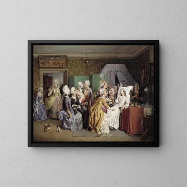 Escena de La habitación del parto de Ludwig Holberg - Wilhelm Marstrand — cuadro enmarcado en la pared