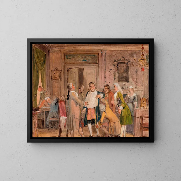 la escena de las pruebas de Vielgeschrey, de Holberg, Acto 1, Escena 6, boceto - Wilhelm Marstrand — cuadro enmarcado en la pared