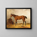 a brown horse in a stable with a saddle blanket - Wilhelm Richter — framed artwork on a wall