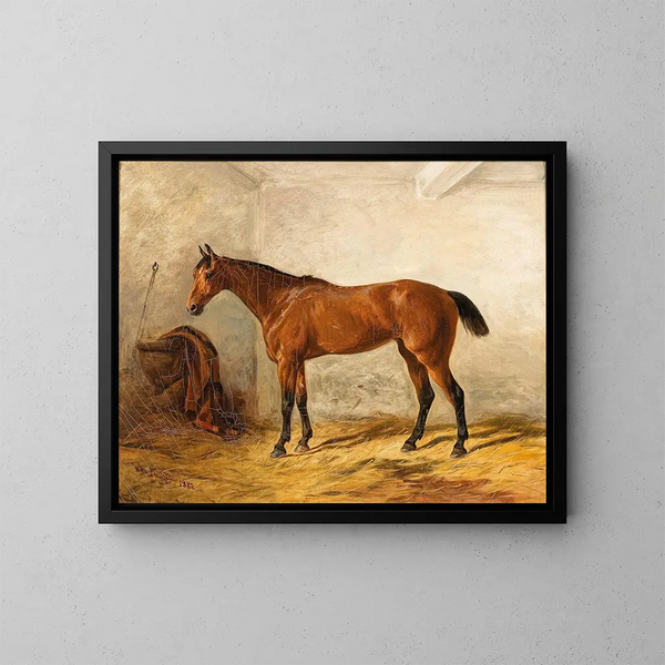 a brown horse in a stable with a saddle blanket - Wilhelm Richter — framed artwork on a wall