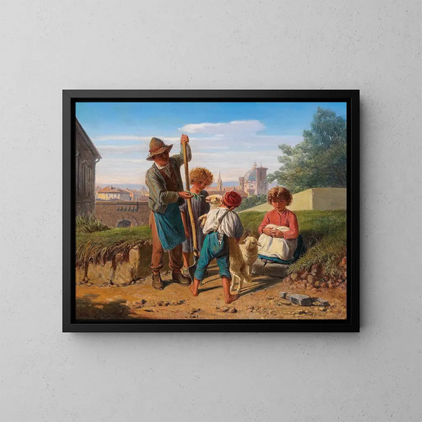 Children of Peasants in front of the gates of Florence - Wilhelm Richter — framed artwork on a wall