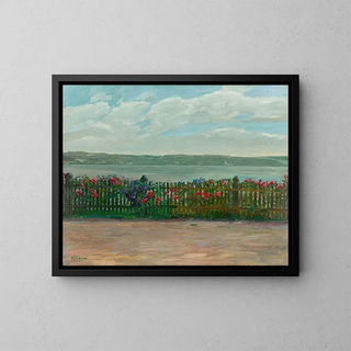 Wilhelm Trbner - Rose fence with view of the Berg Castle at Lake Starnberg.webp