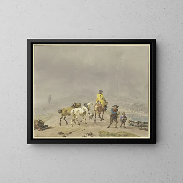 Postillón a caballo con dos caballos de mano en un paisaje de invierno - Wilhelm von Kobell — cuadro enmarcado en la pared