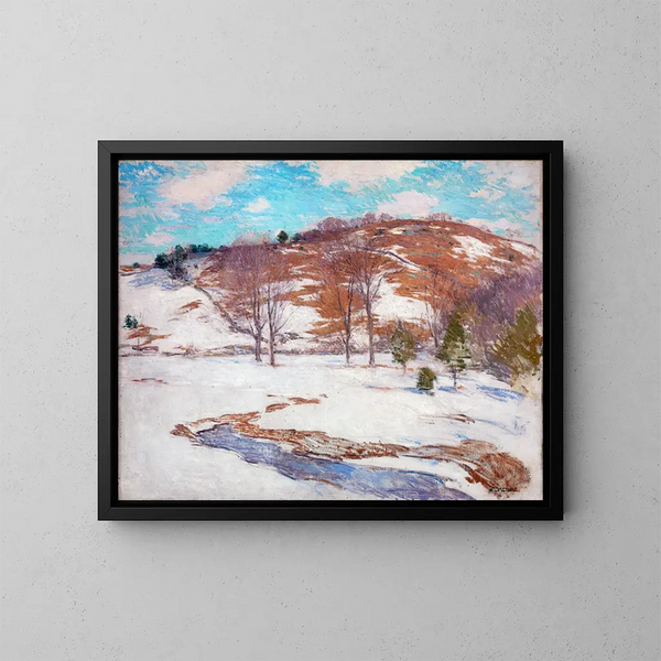 Snow in the foothills - Willard Leroy Metcalf — framed artwork on a wall