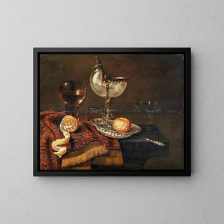 Willem Claesz Heda - A clementine in a porcelain bowl a nautilus cup a roemer two glasses a knife a peeled lemon on an ornamental carpet on a table.webp