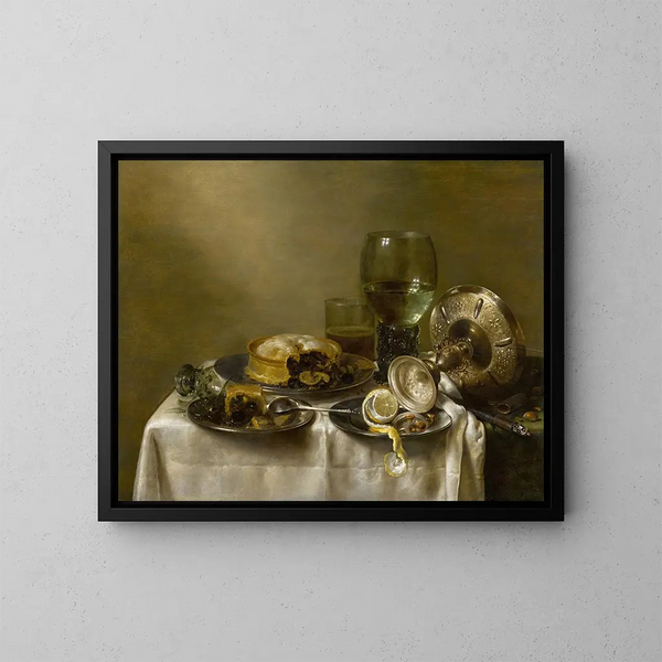 naturaleza muerta con un cuenco de plata volteado, pasteles y un limón pelado sobre una mesa - Willem Claesz Heda — cuadro enmarcado en la pared