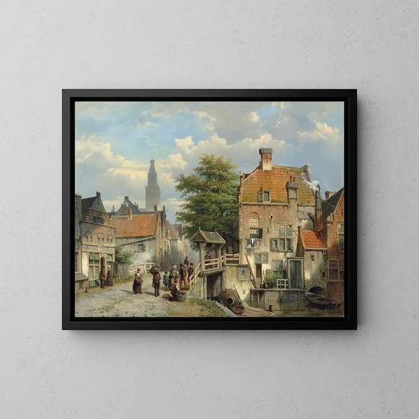 Figures sur un pont au bord d'un canal néerlandais - Willem Koekkoek — framed artwork on a wall