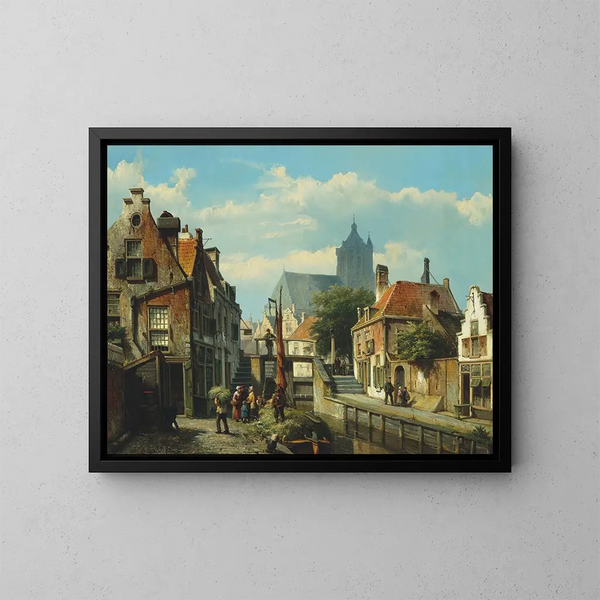 Unloading of the hay barge - Willem Koekkoek — framed artwork on a wall