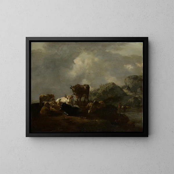 Bétail se reposant à un gué - Willem Romeyn — framed artwork on a wall