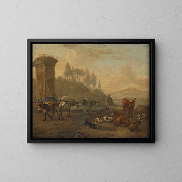 Livestock near a Fountain - Willem Romeyn — framed artwork on a wall