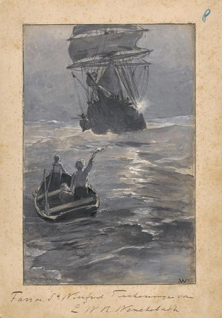 Willem Wenckebach - Jongens seinen naar een schip vanaf een zinkende roeiboot.webp