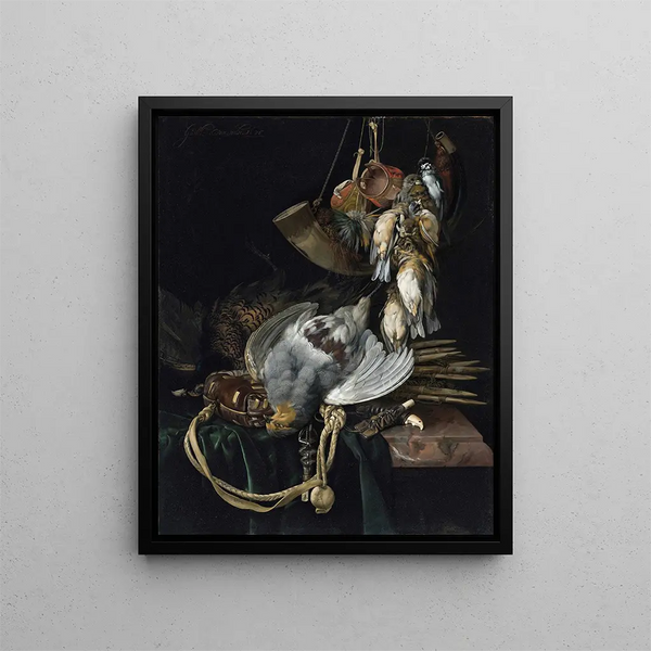 Willem van Aelst - A Partridge A Pheasant A Hunting Bag And Traps On A Partially Draped Ledge Songbirds A Hunting Horn And Hawking Hoods Hanging Above.webp