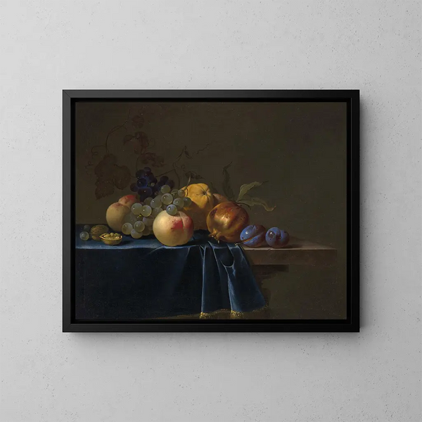 de melocotones, uvas, granada y ciruelas sobre un entablado - Willem van Aelst — cuadro enmarcado en la pared