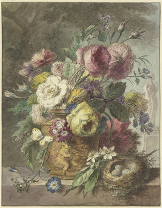 Willem van Leen - Blumenstrau in einem figurativ mit einem Putto gestaltenen Topf dabei ein Vogelnest im Hintergrund eine Statue.webp