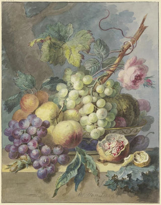 Willem van Leen - Fruchtstck mit Trauben Pfirsichen usw dabei eine Rose.webp