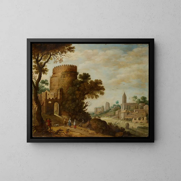 Paisaje romano con pastores - Willem van Nieulandt el Joven — cuadro enmarcado en la pared