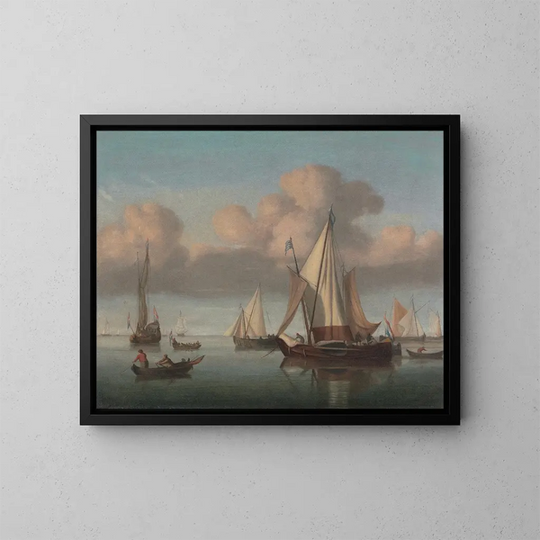 a Kaag at anchor with sails hoisted, a state yacht, and other ships - Willem van de Velde the Younger — framed artwork on a wall