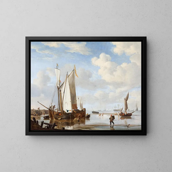 a Wide Ship and a Kraak in a Creek near a Sea Wall - Willem van de Velde the Younger — framed artwork on a wall