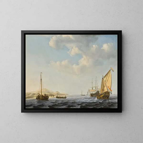un cuadro de un yate de los Estados de Ámsterdam fondeado cerca de la costa con otros barcos en aguas agitadas - Willem van de Velde el Joven — cuadro enmarcado en la pared